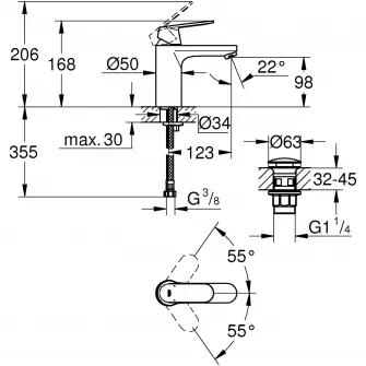 Baterie lavoar Grohe Eurosmart Cosmopolitan 23926000, 3/8'', marimea M, monocomanda, cartus ceramic, set evacuare cu push-open, Crom