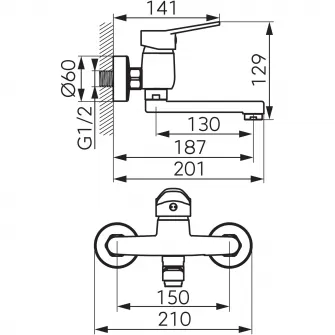 Baterie lavoar pentru perete Ferro Isso, monocomanda, cu pipa mobila, cartus ceramic, aerator, racord excentric, Crom