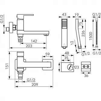 Baterie perete cada/dus Ferro Staccato, cu set de dus si pipa comutator, cartus ceramic, aerator, limitator debit apa, Negru