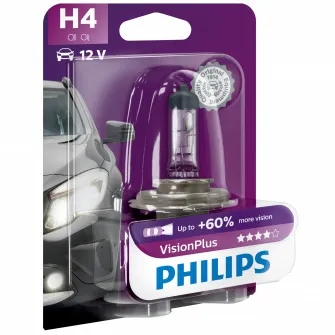 Bec auto cu halogen pentru far Philips H4 Vision Plus, +60%, 12V, 55W, 1 Buc
