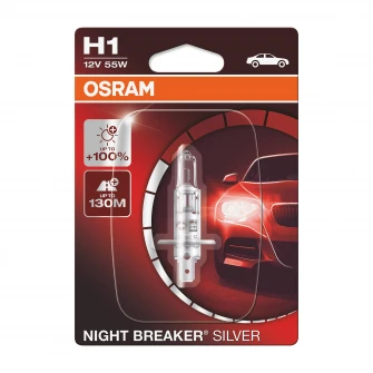 Bec auto far halogen Osram H1 Night Breaker Silver +100%, 55W, 12V, P14.5S, blister 1buc