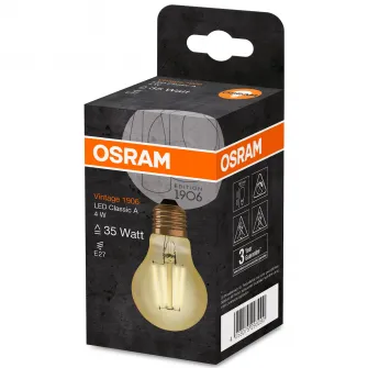 Bec LED OSRAM Vintage 1906 CLAS A 35 4 W, E27, lumina calda 2400K, 410 lm, clasa energetica A+, 15 000 ore functionare