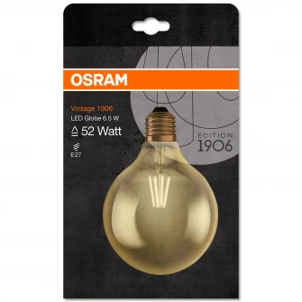 Bec LED OSRAM Vintage 1906 GLOBE LED 52, 6.5 W, E27, lumina calda 2500K, 725 lm, clasa energetica A+, 15 000 ore functionare
