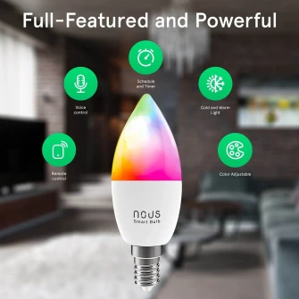 Bec LED RGB inteligent Nous P4, Wi-Fi, E14, 4.5W, 810 lm, lumina alba si colorata, control vocal, compatibil Google Assistant, amazon alexa