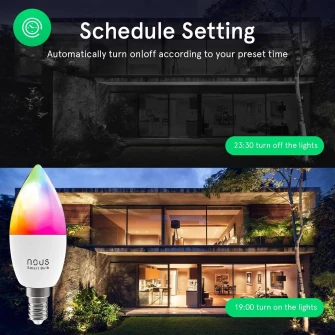 Bec LED RGB inteligent Nous P4, Wi-Fi, E14, 4.5W, 810 lm, lumina alba si colorata, control vocal, compatibil Google Assistant, amazon alexa