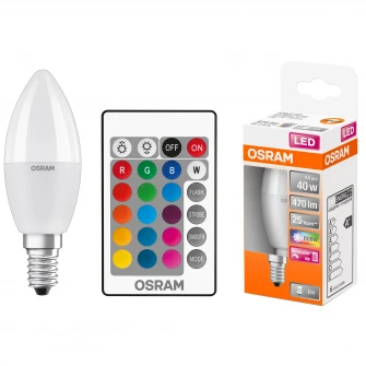 Bec LED RGBW cu telecomanda Osram Star, dimabil, E14, 5.5W (40W), 470 lm, A+, lumina alba si colorata