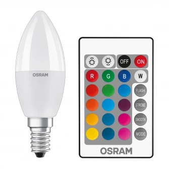 Bec LED RGBW cu telecomanda Osram Star, dimabil, E14, 5.5W (40W), 470 lm, A+, lumina alba si colorata