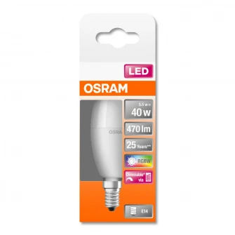 Bec LED RGBW cu telecomanda Osram Star, dimabil, E14, 5.5W (40W), 470 lm, A+, lumina alba si colorata