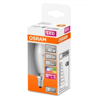 Bec LED RGBW cu telecomanda Osram Star, dimabil, E14, 5.5W (40W), 470 lm, A+, lumina alba si colorata