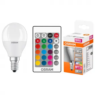 Bec LED RGBW cu telecomanda Osram Star, dimabil, P40, E14, 5.5W (40W), 470 lm, lumina alba si colorata