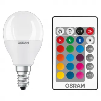 Bec LED RGBW cu telecomanda Osram Star, dimabil, P40, E14, 5.5W (40W), 470 lm, lumina alba si colorata