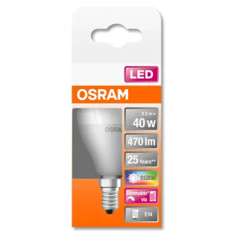 Bec LED RGBW cu telecomanda Osram Star, dimabil, P40, E14, 5.5W (40W), 470 lm, lumina alba si colorata