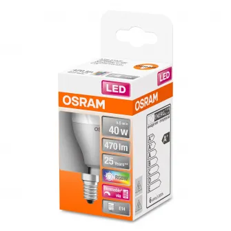 Bec LED RGBW cu telecomanda Osram Star, dimabil, P40, E14, 5.5W (40W), 470 lm, lumina alba si colorata