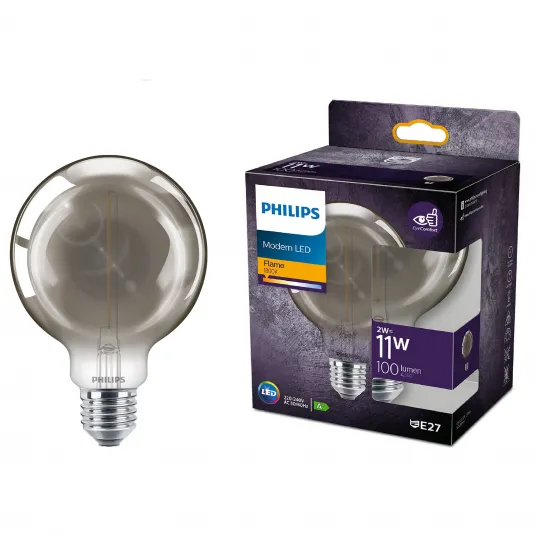 Bec LED vintage (decorativ) Philips Classic, EyeComfort, G93, E27, 2 W (11W), 100 lm, lumina calda flacara (1800K), Smoky, 14.2 cm