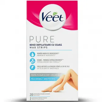 Benzi de ceara depilatoare Veet PURE pentru picioare, 20 benzi