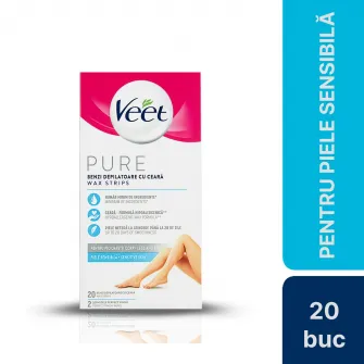 Benzi de ceara depilatoare Veet PURE pentru picioare, 20 benzi
