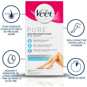 Benzi de ceara depilatoare Veet PURE pentru picioare, 20 benzi
