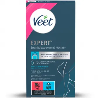 Benzi depilatoare cu ceara pentru picioare si corp, pentru piele sensibila, Veet Expert, 20 bucati