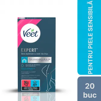 Benzi depilatoare cu ceara pentru picioare si corp, pentru piele sensibila, Veet Expert, 20 bucati