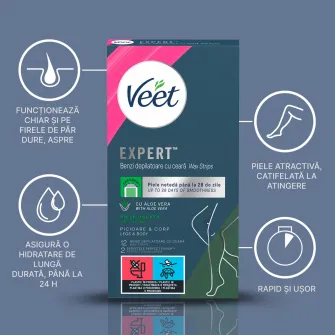Benzi depilatoare cu ceara pentru picioare si corp, pentru piele sensibila, Veet Expert, 20 bucati
