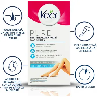 Benzi depilatoare Veet PURE pentru picioare, 40 benzi