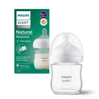 Biberon din sticla Philips Avent Natural Response SCY930/01, 120 ml, tetina care functioneaza ca sanul mamei, cu debit 2, tetina fara scurgeri, +0 luni, fara BPA, usor de curatat