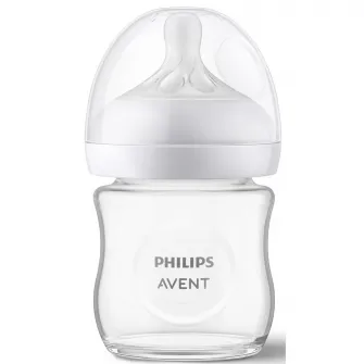 Biberon din sticla Philips Avent Natural Response SCY930/01, 120 ml, tetina care functioneaza ca sanul mamei, cu debit 2, tetina fara scurgeri, +0 luni, fara BPA, usor de curatat