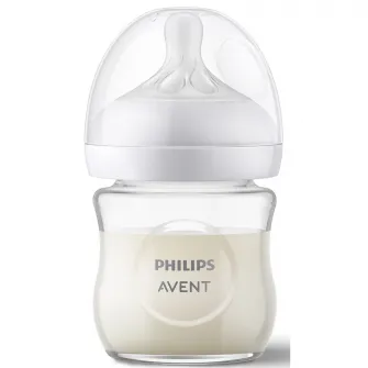 Biberon din sticla Philips Avent Natural Response SCY930/01, 120 ml, tetina care functioneaza ca sanul mamei, cu debit 2, tetina fara scurgeri, +0 luni, fara BPA, usor de curatat