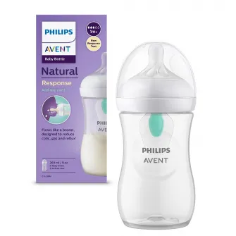Biberon Philips Avent Natural Response SCY673/01, cu dispozitiv anticolici AirFree, 260 ml, tetina care functioneaza ca sanul mamei, cu debit 3, tetina fara scurgeri, +1 luni, fara BPA, usor de curatat