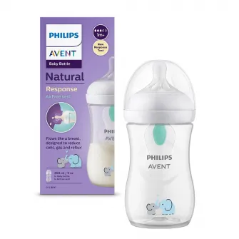 Biberon Philips Avent Natural Response SCY673/81, cu dispozitiv AirFree, 260 ml, tetina care functioneaza ca sanul mamei, cu debit 3, tetina fara scurgeri, +1 luni, model deco elefanti, fara BPA, usor de curatat
