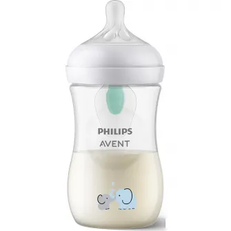 Biberon Philips Avent Natural Response SCY673/81, cu dispozitiv AirFree, 260 ml, tetina care functioneaza ca sanul mamei, cu debit 3, tetina fara scurgeri, +1 luni, model deco elefanti, fara BPA, usor de curatat