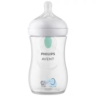 Biberon Philips Avent Natural Response SCY673/81, cu dispozitiv AirFree, 260 ml, tetina care functioneaza ca sanul mamei, cu debit 3, tetina fara scurgeri, +1 luni, model deco elefanti, fara BPA, usor de curatat