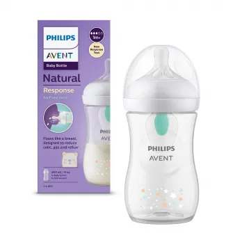 Biberon Philips Avent Natural Response SCY673/82, cu dispozitiv AirFree, 260 ml, tetina care functioneaza ca sanul mamei, cu debit 3, tetina fara scurgeri, +1 luni, model deco ursuleti, fara BPA, usor de curatat