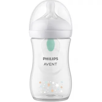 Biberon Philips Avent Natural Response SCY673/82, cu dispozitiv AirFree, 260 ml, tetina care functioneaza ca sanul mamei, cu debit 3, tetina fara scurgeri, +1 luni, model deco ursuleti, fara BPA, usor de curatat
