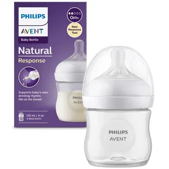 Biberon Philips Avent Natural Response SCY900/01, 125 ml, tetina care functioneaza ca sanul mamei, cu debit 2, tetina fara scurgeri, +0 luni, fara BPA, usor de curatat