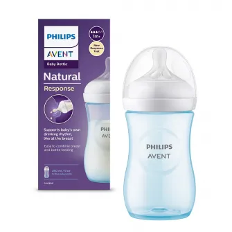 Biberon Philips Avent Natural Response SCY903/21, 260 ml, tetina care functioneaza ca sanul mamei, cu debit 3, tetina fara scurgeri, +1 luni, fara BPA, usor de curatat, bleu