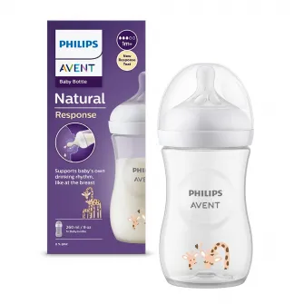 Biberon Philips Avent Natural Response SCY903/66, 260 ml, tetina care functioneaza ca sanul mamei, cu debit 3, tetina fara scurgeri, +1 luni, model deco girafe, fara BPA, usor de curatat