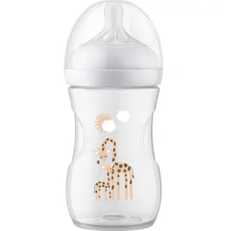 Biberon Philips Avent Natural Response SCY903/66, 260 ml, tetina care functioneaza ca sanul mamei, cu debit 3, tetina fara scurgeri, +1 luni, model deco girafe, fara BPA, usor de curatat