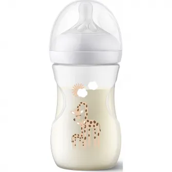 Biberon Philips Avent Natural Response SCY903/66, 260 ml, tetina care functioneaza ca sanul mamei, cu debit 3, tetina fara scurgeri, +1 luni, model deco girafe, fara BPA, usor de curatat