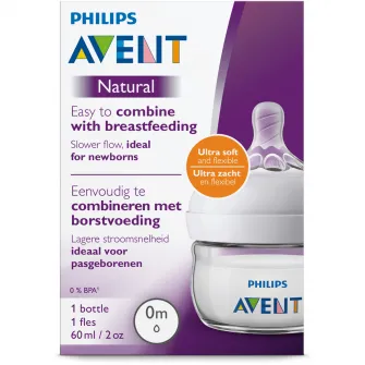 Biberon Philips-AVENT Natural SCF039/17, tetina pentru primul debit, 60 ml, de la nastere