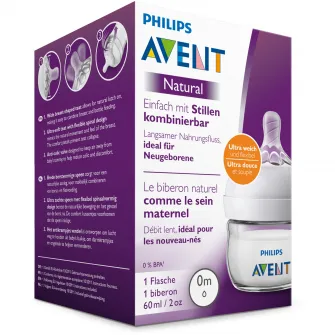 Biberon Philips-AVENT Natural SCF039/17, tetina pentru primul debit, 60 ml, de la nastere