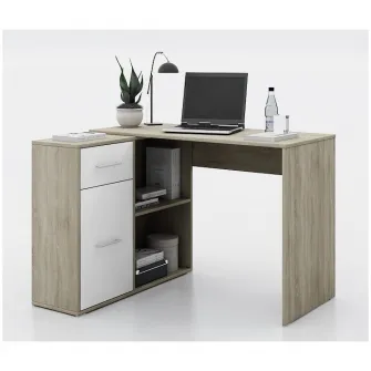 Birou de colt Irim Gamma, 112x50x77 cm, raft incorporat 88x29x74 cm, Sonoma/Alb