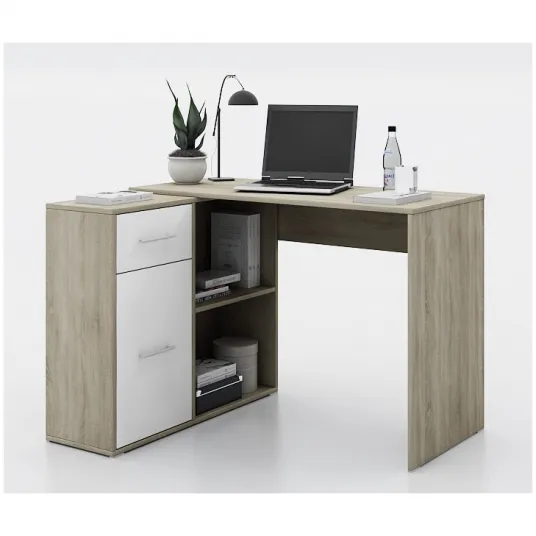 Birou de colt Irim Gamma, 112x50x77 cm, raft incorporat 88x29x74 cm, Sonoma/Alb