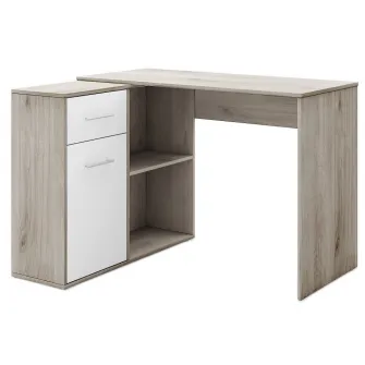 Birou de colt Irim Gamma, 112x50x77 cm, raft incorporat 88x29x74 cm, Sonoma/Alb