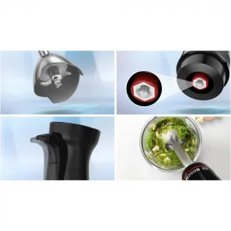 Blender de mana ErgoMaster Bosch MSM4B621 1000 W, cutit 4 lame si functie antisplash, picior mixare otel inoxidabil, tel din otel inoxidabil, pahar masurare, aparat de maruntit, negru/antracit