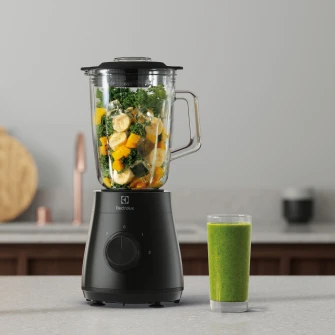 Blender Electrolux E3TB1-4GG, 500W, 1,5 l, 2 viteze + Pulse, 4 lame inox, cana sticla termo-rezistenta, negru