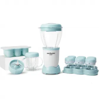 Blender Nutribullet Baby 200 W, 1 viteza, vas 0.9l, cupa mica 0.295l, 6 recipiente depozitare cu capac, tava silicon, Alb