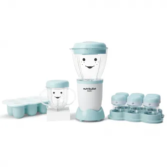 Blender Nutribullet Baby 200 W, 1 viteza, vas 0.9l, cupa mica 0.295l, 6 recipiente depozitare cu capac, tava silicon, Alb