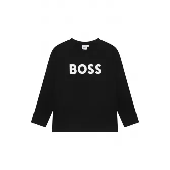 BOSS Kidswear, Bluza cu decolteu la baza gatului si imprimeu logo contrastant, Negru, 138 CM