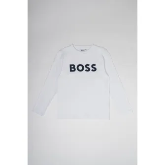 BOSS Kidswear, Bluza cu decolteu la baza gatului si imprimeu logo contrastant, Alb, 162 CM